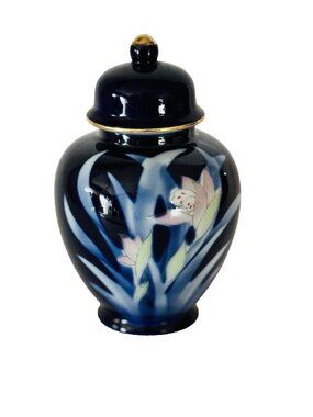 Vintage Japanese Ginger Jar with Lid Floral Colbalt Blue 6" Japan